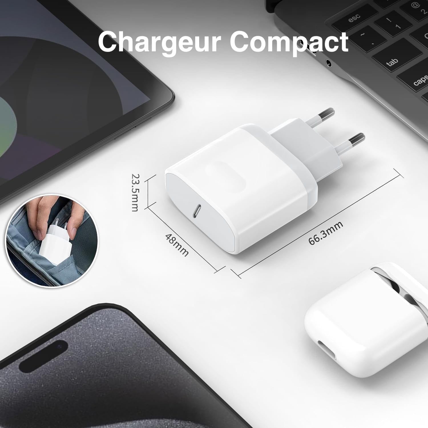 Chargeur Rapide 25W USB C pour iPhone 17/16/15 Pro Max Plus/14 13/12/11/ SE/X/XS/XR/iPad Air, Samsung Galaxy S26/S25/S24/A53/Note 20,Google Pixel,Prise Secteur Adaptateur Type C Embout Bloc USB-C