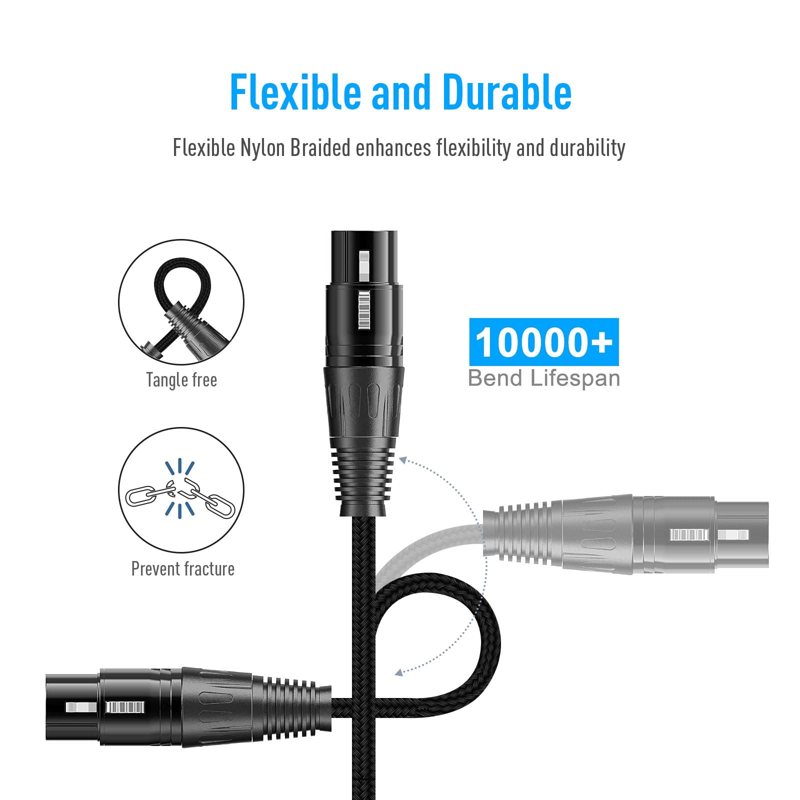 Cable de micrófono XLR macho a hembra de nailon trenzado de 3 pines para grabación de estudio y producción en vivo, 3 m, color negro