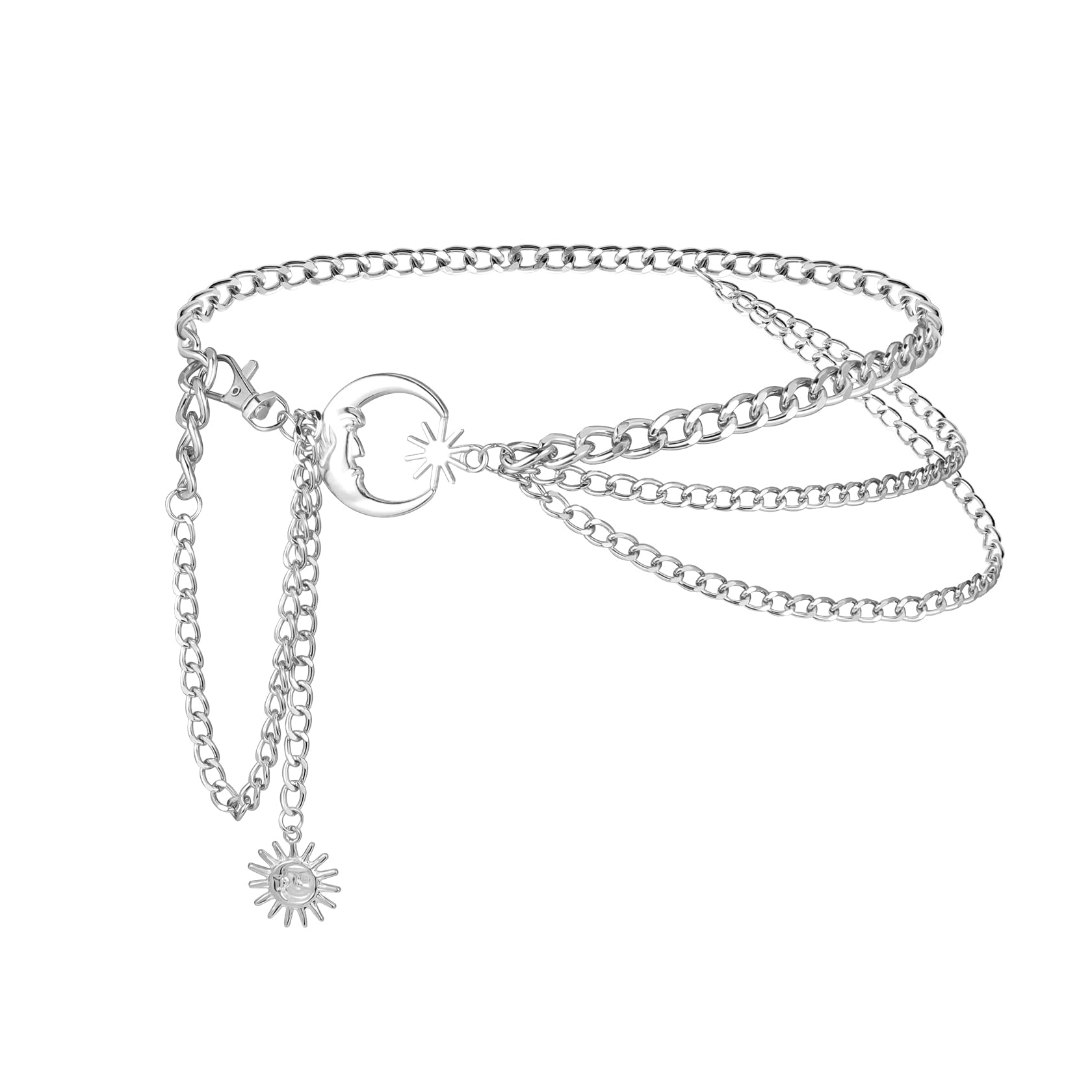 3 Layered Metal Waist Chain Belt for Women Moon & Sun Belly Belt Body Chain Jewelry for Dress Jeans