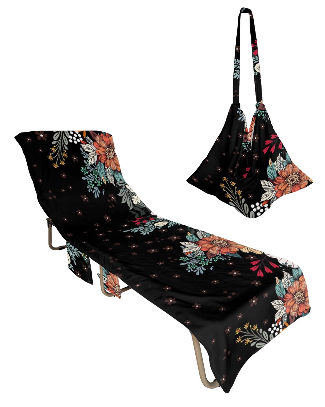 Spring Floral Beach Lounge Chair Towel Cover, Soft Chaise Lounge Towel with Side Pockets Patio Pool Chairs Cover for Beach/Pool Sunbathing 29x85 Boho Ethnic Summer Botanical Flowers Black