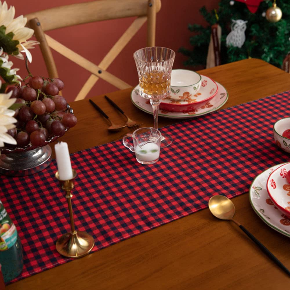 Tapetes para Mesa,Camino De Mesa De Arpillera Caminos De Mesa Navideños Mesa Clásica A Cuadros Rojo Y Negro para Sala De Estar Mesa De Comedor Navideña Fiesta Decoración Navideña, 30X240Cm