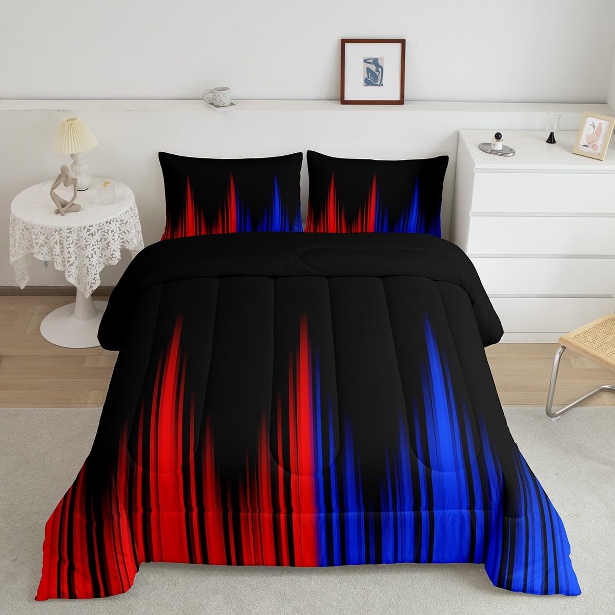 Abstract Ombre Comforter Set Full, Red Blue and Black Comforter Ombre Striped Comforter for Kids Toddler Geometry Lines Duvet Set 3Pcs Multi F107 Full