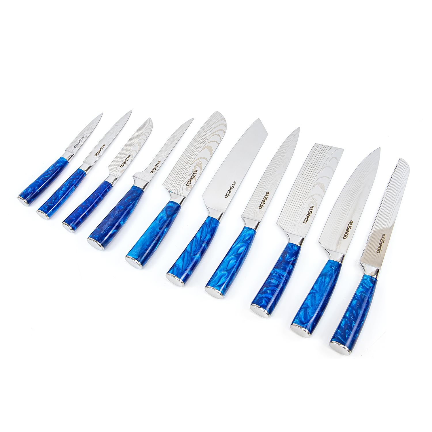 Seido Knives Tengoku Blue 10-Piece Chef Knife Set – Handmade High-Carbon Stainless Steel Blades, Resin Epoxy Handles, Ergonomic Balanced Professional Kitchen Knives