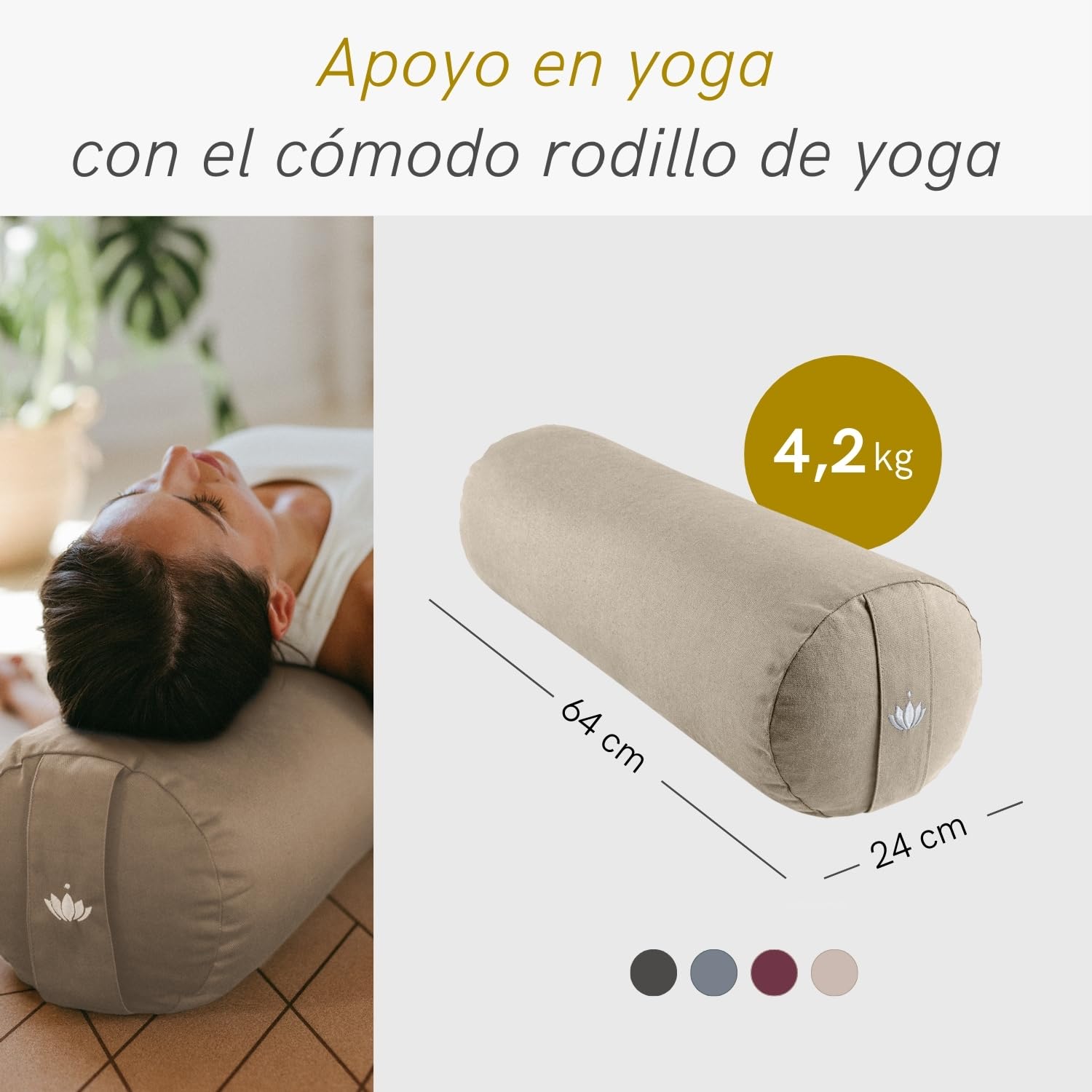 Lotuscrafts Rollo de Yoga para Yin Yoga Ø24 cm - Rollo de Yoga con Relleno de Espelta - Funda de Algodón Lavable - Rollo de Yoga para Yoga Restaurativo - Certificado Gots