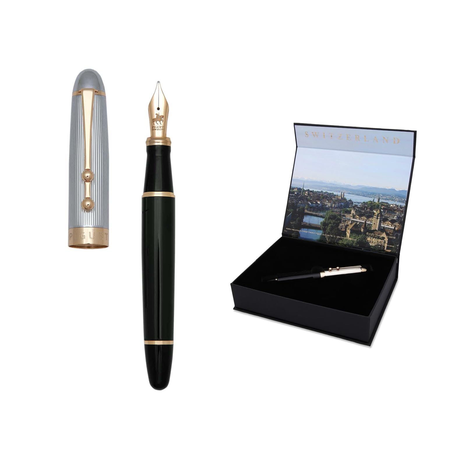 Piguet Genève – Luxuriöser und ergonomischer Füllfederhalter und Kugelschreiber–Deutsche Mittelspitze, goldene Verzierungen–In Geschenkbox mit Nachfüllpatrone und Konverter (Deluxe, Füllfederhalter)