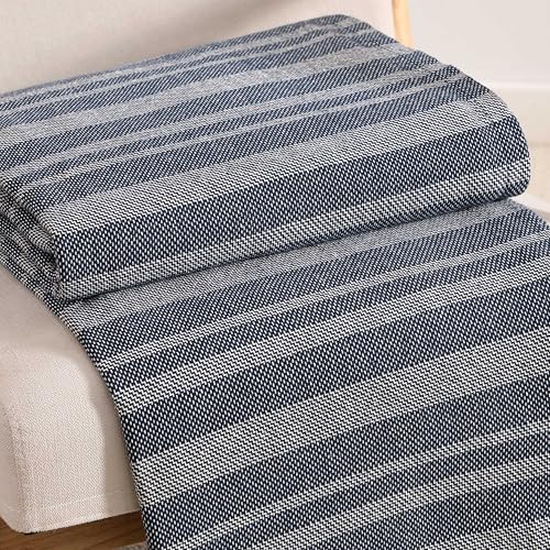 Image of Tommy Hilfiger - King Cotton Blanket, Fade Resistant Yarn-Dyed Cotton Bedding, Medium Weight Soft Blanket, Ideal for Layering, Oeko-TEX Certified (Harbor Stripe Navy)