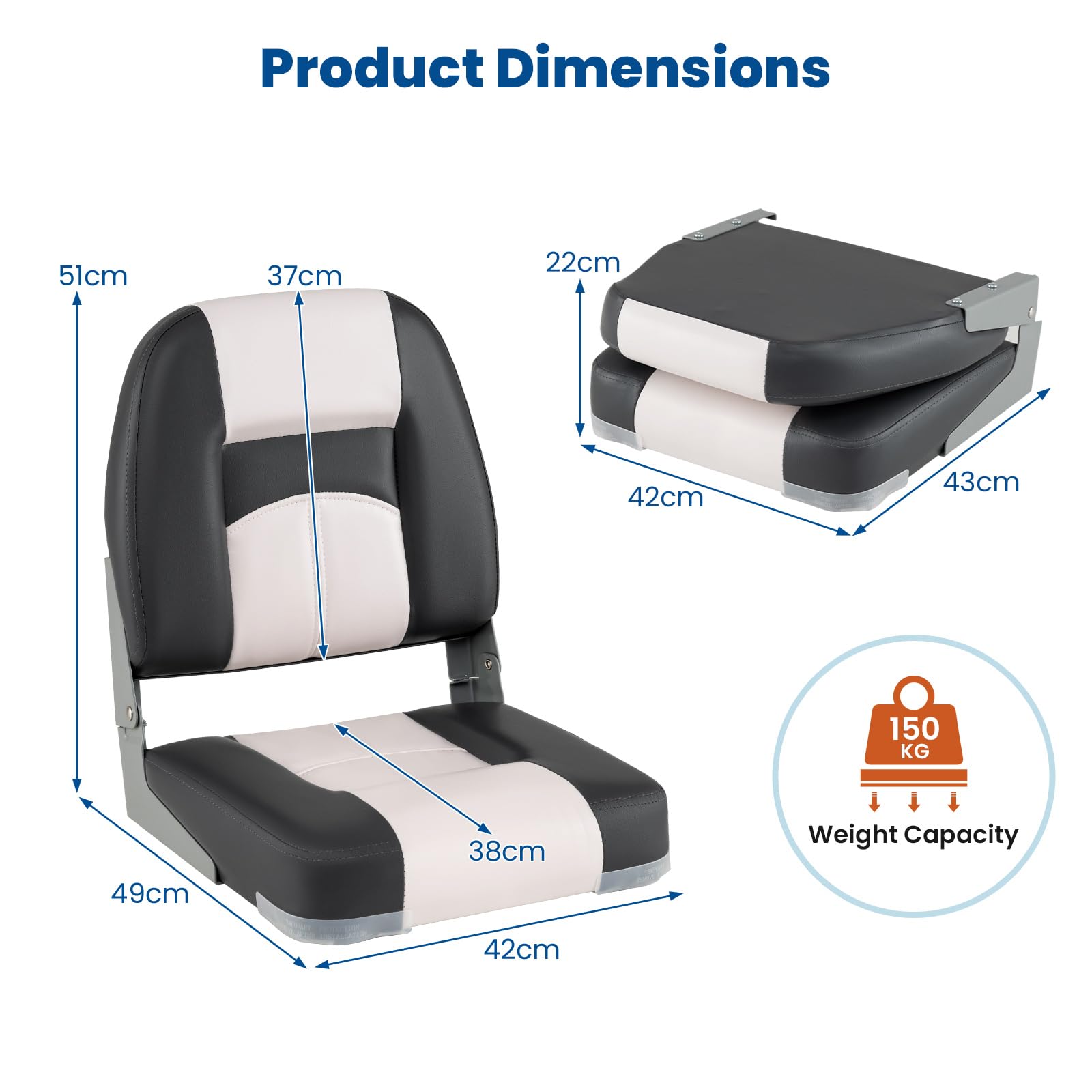 HOMASIS Juego de 2 sillas plegables para barco, acolchadas, con asiento de 7 cm de grosor, silla de control impermeable con respaldo y marco de metal, asiento de control para barcos, soporta hasta 150