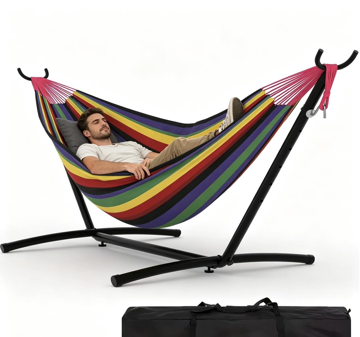 450Lbs Hammock with Stand for Outdoor, Portable Polyester-Cotton Double Hammock with Iron Frame, Storage Bag for Garden, Indoor, Patio, Yard, Black Rainbow Stripes