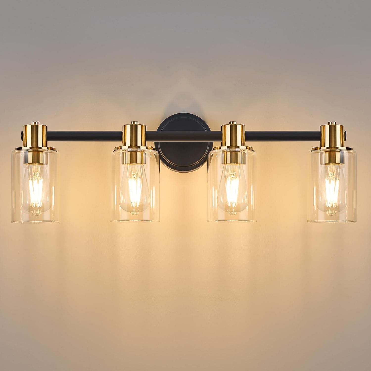 ALAISLYC 4 Light Bathroom Wall Light Fixtures Black and Gold Bathroom Wall Sconce with Clear ...