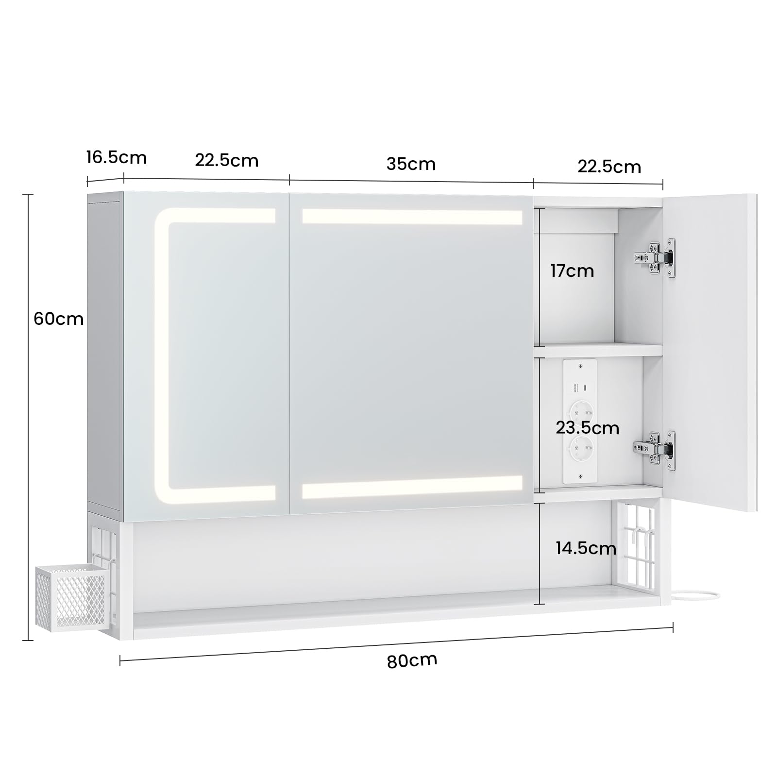 Armario Espejo Baño 80x16x60, Espejo de Baño con Luz Led y Estación de Carga, Mueble Baño con Cesta de Almacenamiento y Estante Interior Ajustable, Tres Temperaturas de Color, Control táctil