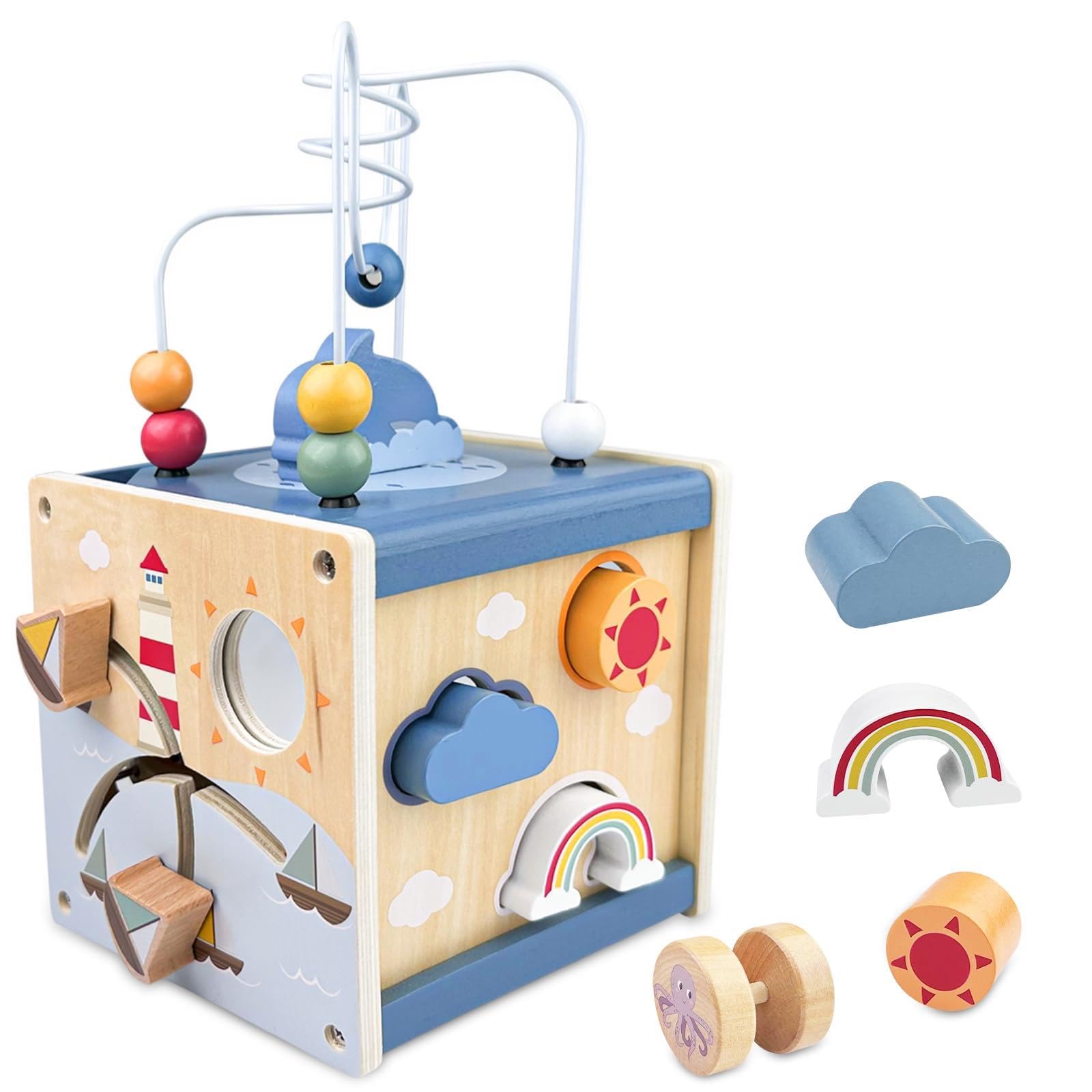 Cube d'Activité, 6 en 1 Jouet en Bois, Cube de Motricité avec Labyrinthe de Perles, Jouet d'apprentissage Montessori en Bois pour Enfants Plus 12 Mois