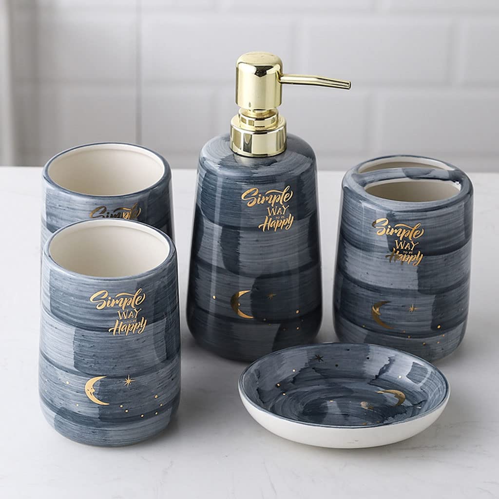 FEFCK Modern Creative Ceramic Bathroom Accessories Set, 5 Pieces Bathroom Vanity Countertop Accessory Set with Lotion Soap Dispenser, Toothbrush Holder, Bathroom Tumbler, Soap Dish Grey