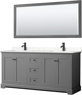 Wyndham Collection Avery 72 Inch Double Bathroom Vanity in Dark Gray, Light-Vein Carrara Cultured Marble Countertop, Undermount Square Sinks, Matte Black Trim, 70 Inch Mirror