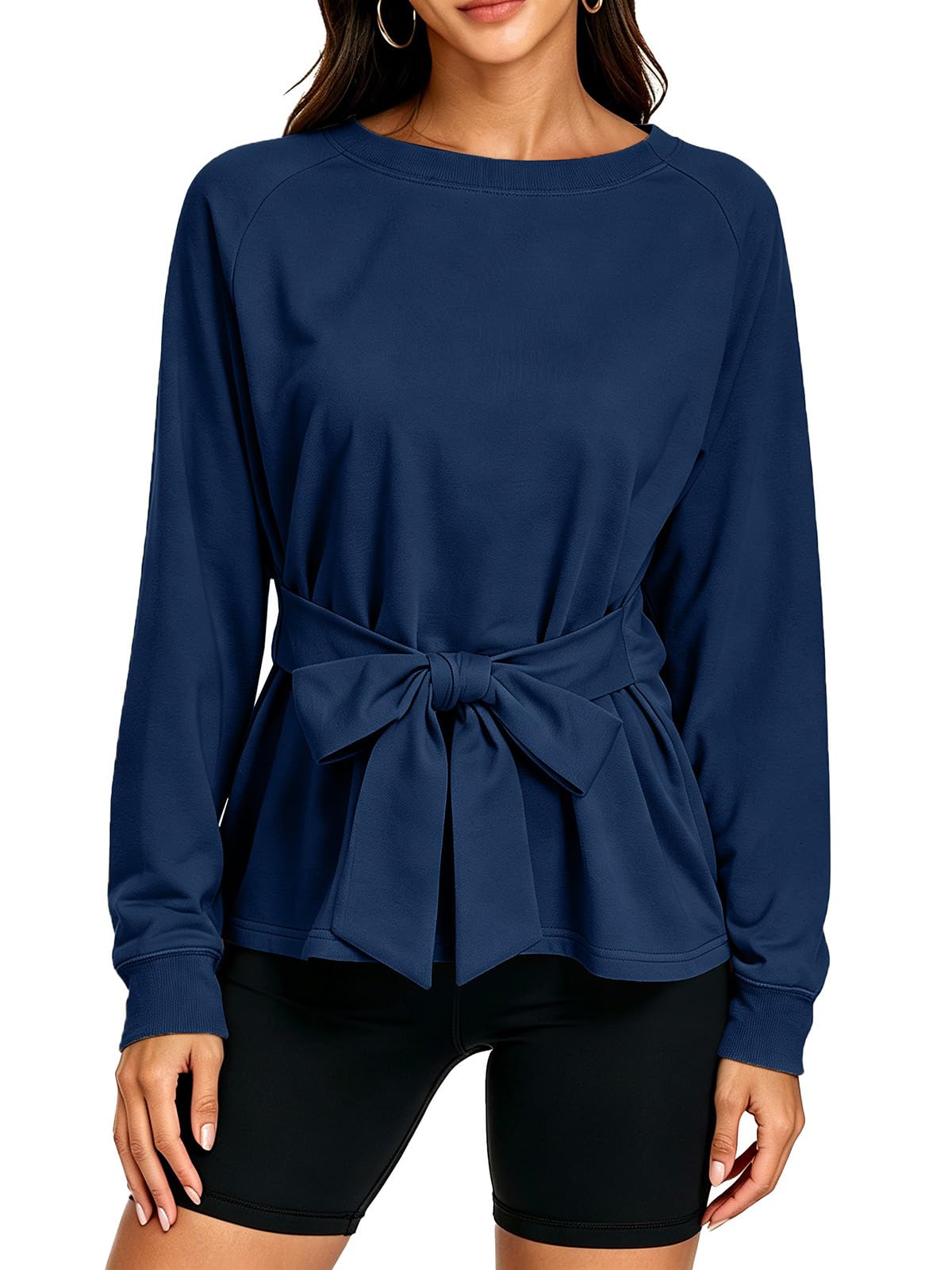 Women's Long Sleeves Shirt Tops Crew Neck Tie Knot Sweatshirt Tops Casual Fall Loose Fit Cropped Top Pullover-image-37