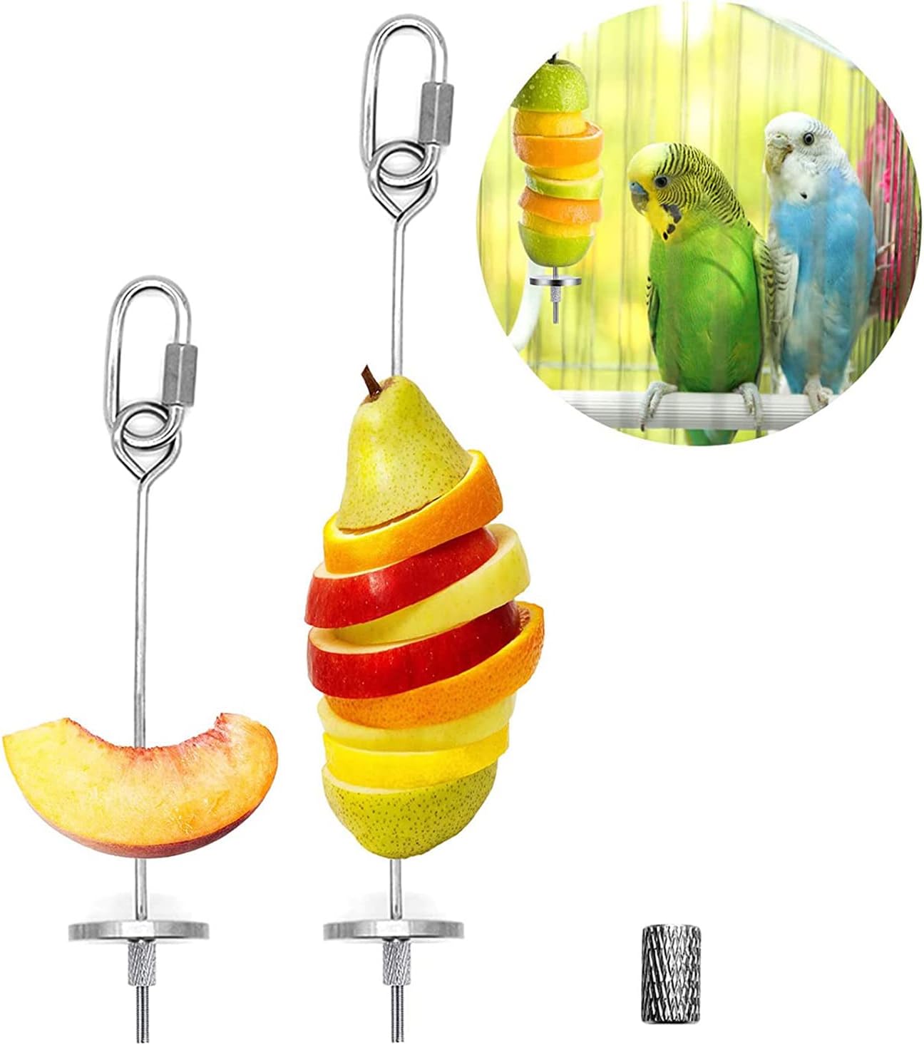 ACHKO Bird Food Holder, Bird Feeder Toy, Stainless Steel Parrot Fruit Vegetable Stick Holder, Hanging Food Feed Treating Tool for Parrots Cockatoo Cockatiel