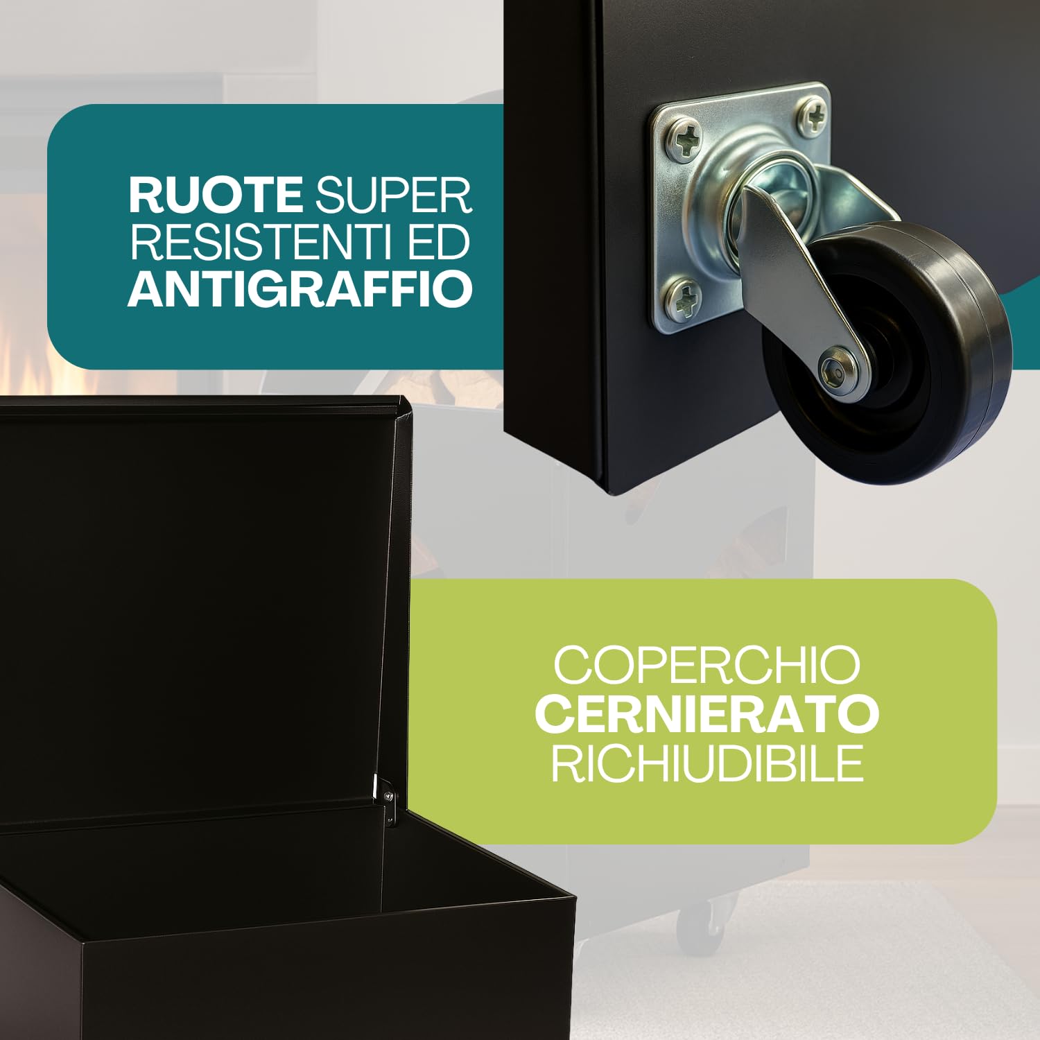 PALUPLUS Baule Portalegna e Pellet da Camino con Ruote di colore Nero, Misura 50x40x55 cm, Cesto per legna in Acciaio Verniciato, Design Elegante, per Stufe e Camini, Made in Italy -2497F -15