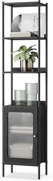 VASAGLE 6-Tier Bookcase, Slim Bookshelf with PC Door, Freestanding Storage Shelf with Metal Frame, Adjustable Shelf, for Living Room, Ebony Black and Matte Black ULLS123B56 Ebony Black + Mat
