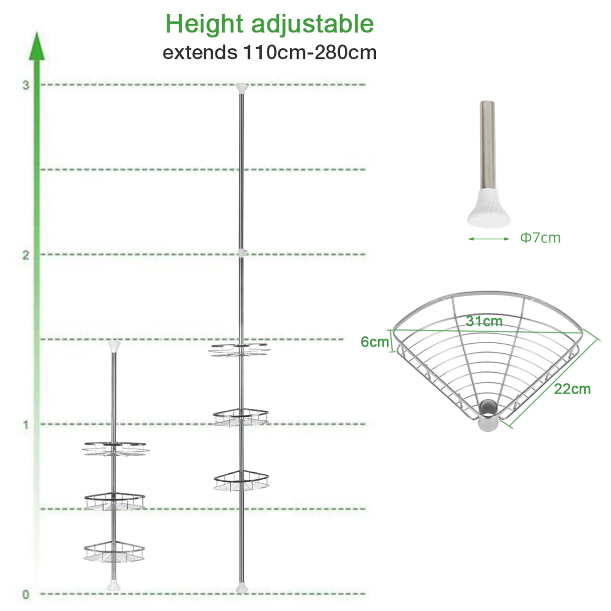 MINGYI Estantería de ducha telescópica, 3 estantería, estante de baño de acero inoxidable, estante de esquina de ducha sin taladrar, regulable en altura 110-280 cm (plata)