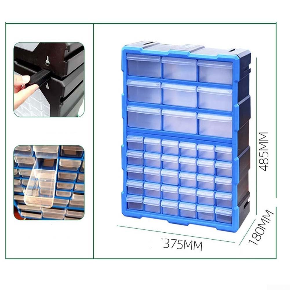 Caja de almacenamiento de plástico con 39 cajones, organizador de piezas de ABS transparente para tornillos, arandelas, electrónica, oficina, hogar, taller, garaje (azul 39 cajones)