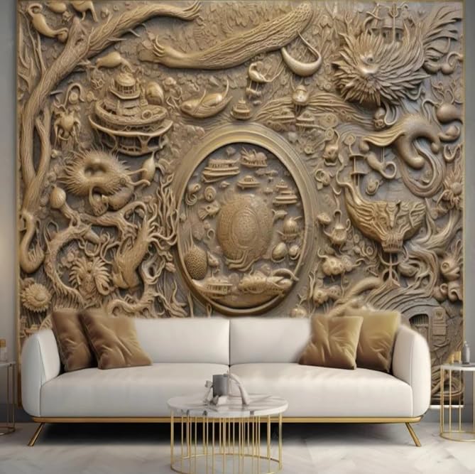 Papier peint 3D relief pour agrandir un salon sombre avec un motif or romantique