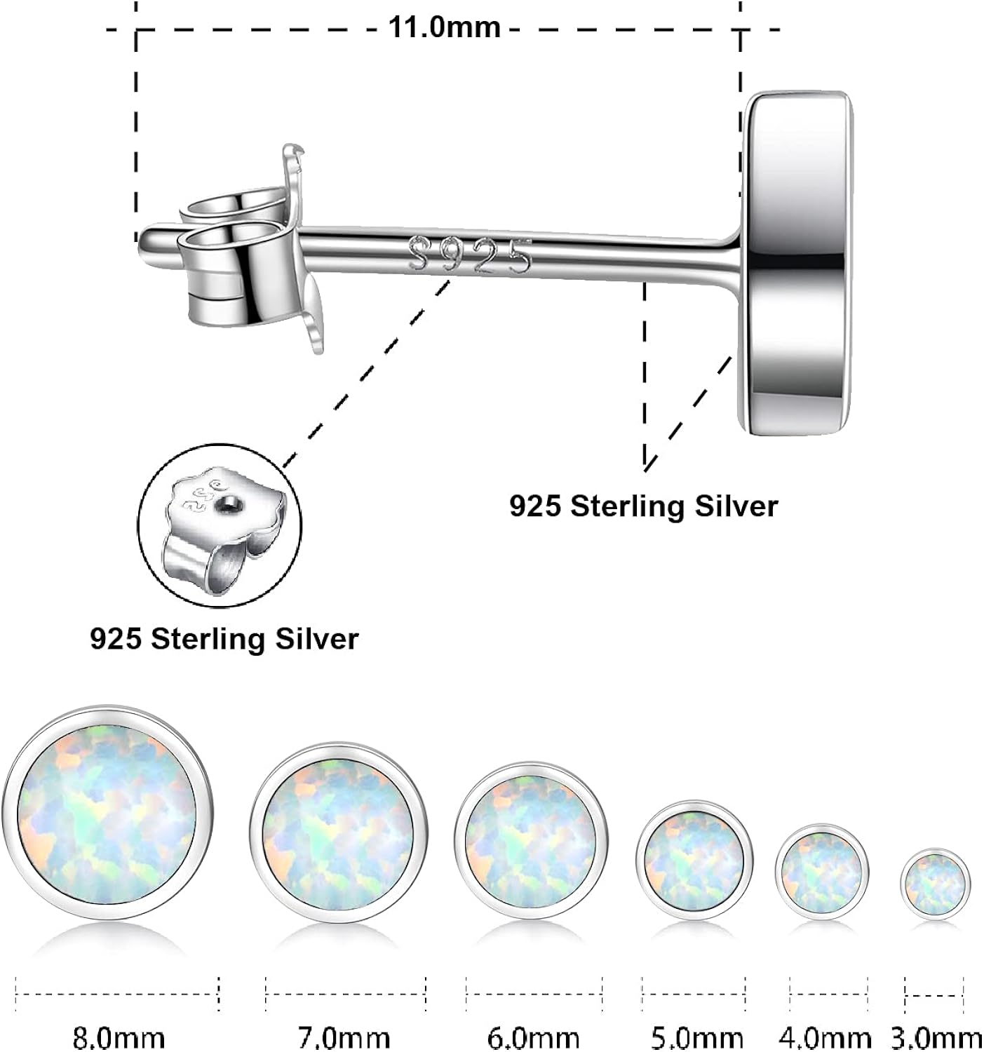 Miniatura 2 de White Gold Plated Sterling Silver Opal Stud Earrings 3mm-8mm Options, Simulated Opal Dot Studs Hypoallergenic Jewelry