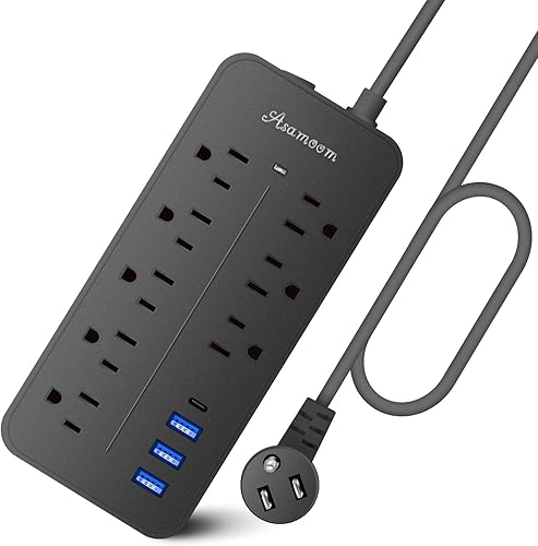 Asamoom - Cable de extensión con protector de sobretensiones de 20 pies con USB C negro, regleta de alimentación de enchufe plano Asamoom con cable