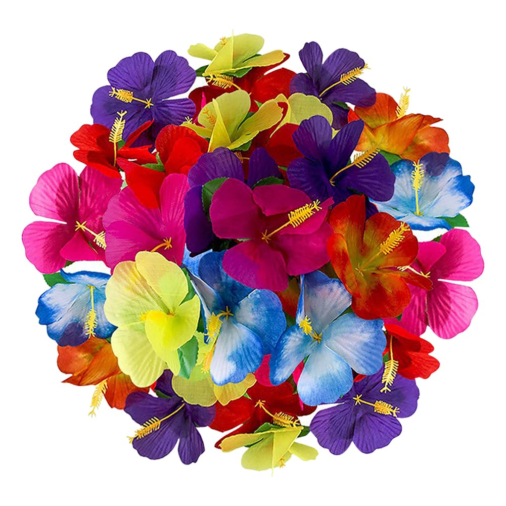 FSSTUD 100 Pcs Artificial Hibiscus Flowers Faux Tropical Flowers Fake Hawaiian Flowers Luau Party Table Decorations Fabric Flower Arrangements for Wedding Decor