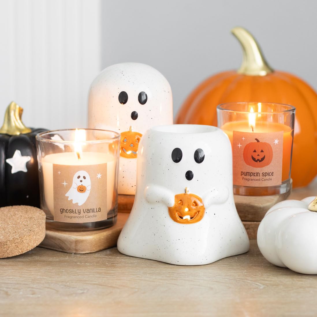 Candela Profumata Speziata Alla Zucca Con Coperchio In Sughero E Lanterna Sorridente – Fragranza Autunnale, Duratura, Per Halloween E Serate Accoglienti