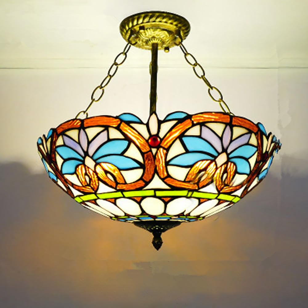 SXECAEPS European Vintage Color Glass Chandelier LED Creative Home Living Room Restaurant Bedroom Hotel Villa Cafe Corridor Pendant Lights (E D40CM)