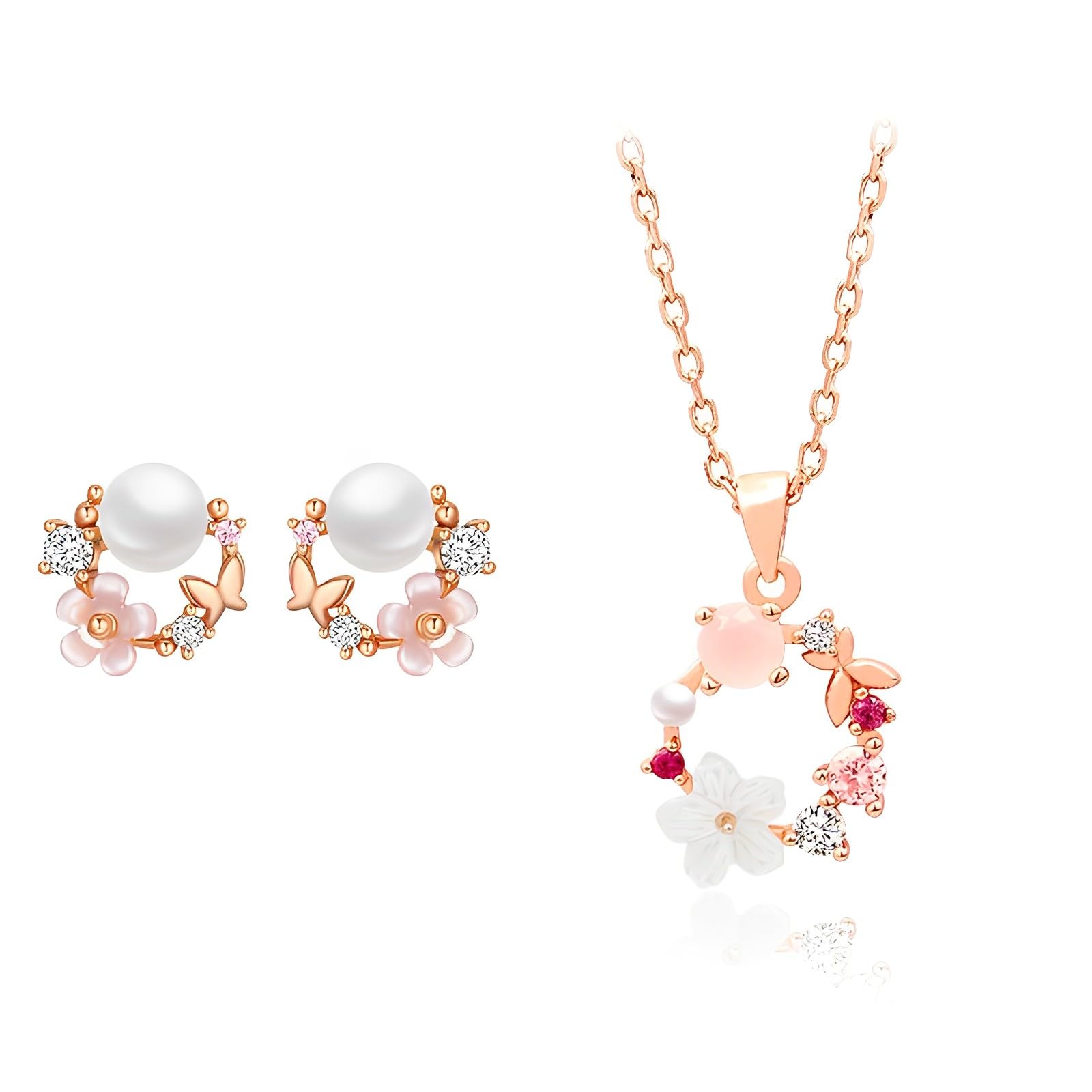 SONIABELA Conjunto Plata de Ley 925 anillo Flor Rosa cerezo, de mujer. Collar y pendientes. Juegos de Joyas para regalar a la madre, hija, abuela. Aniversario, compromiso, boda, fiesta, día de la madre. 45 cm