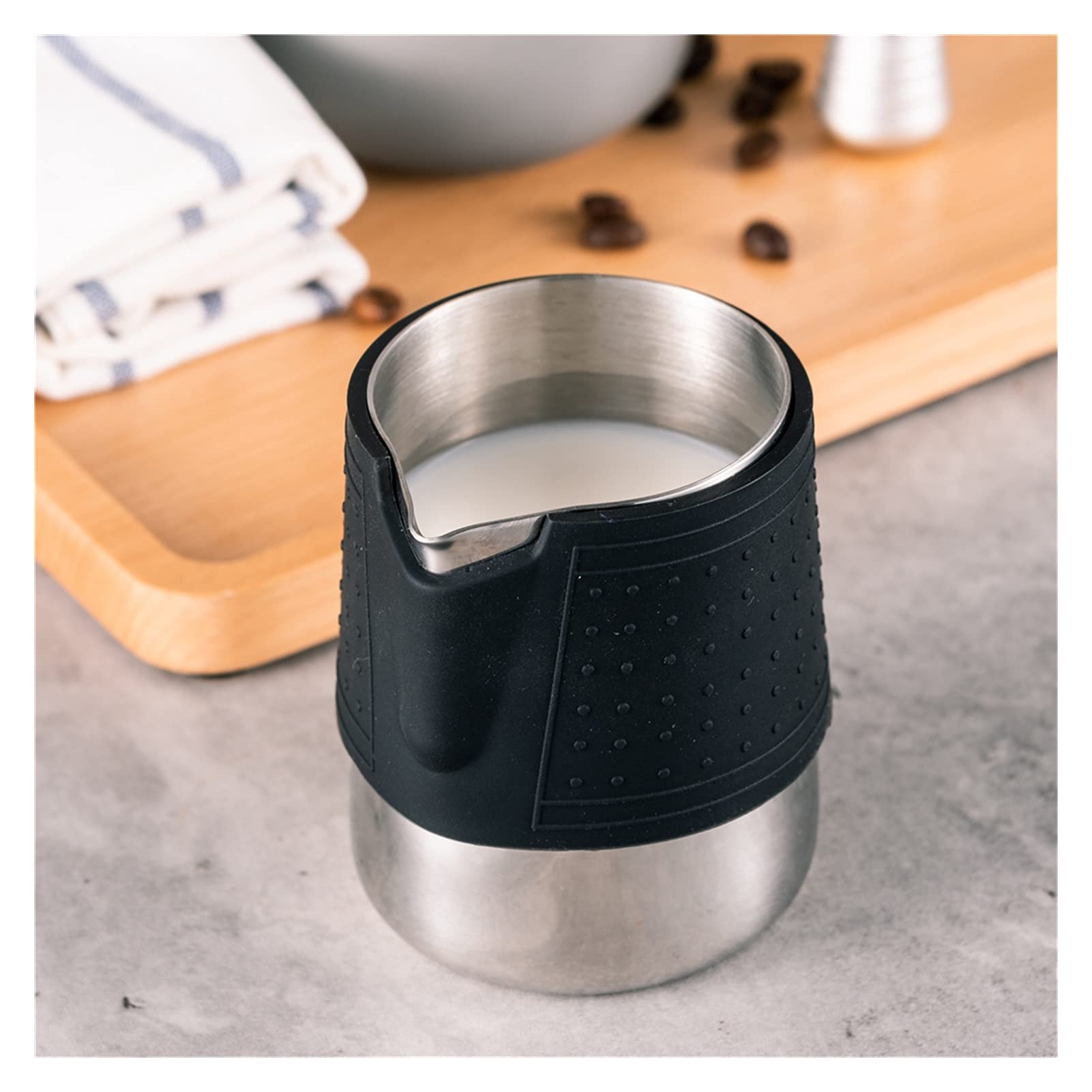 Becher, Edelstahl, Silikon, Milchaufschäumkrug, Kaffee-Kunst, Milchkännchen, Aufschäumer, Krug, Espresso-Kaffee, Latte-Krug, 350 ml, Soßen-Saucen-Tassen-Set
