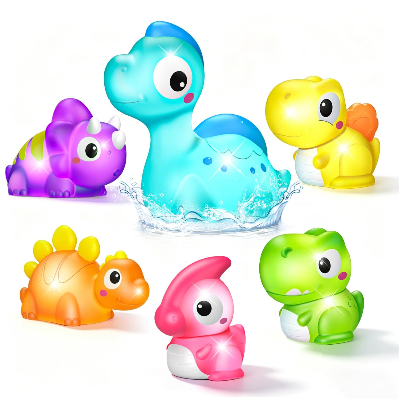 Baby Light Up Bath Toys: 6 Pack Dinosaur Water Activated Bath Toys for 1 2 Year Old, No Hole Water Toys for Toddler Bathtub/ Swimming/Pool, Baby Shower Birthday Gifts for Boys & Girls