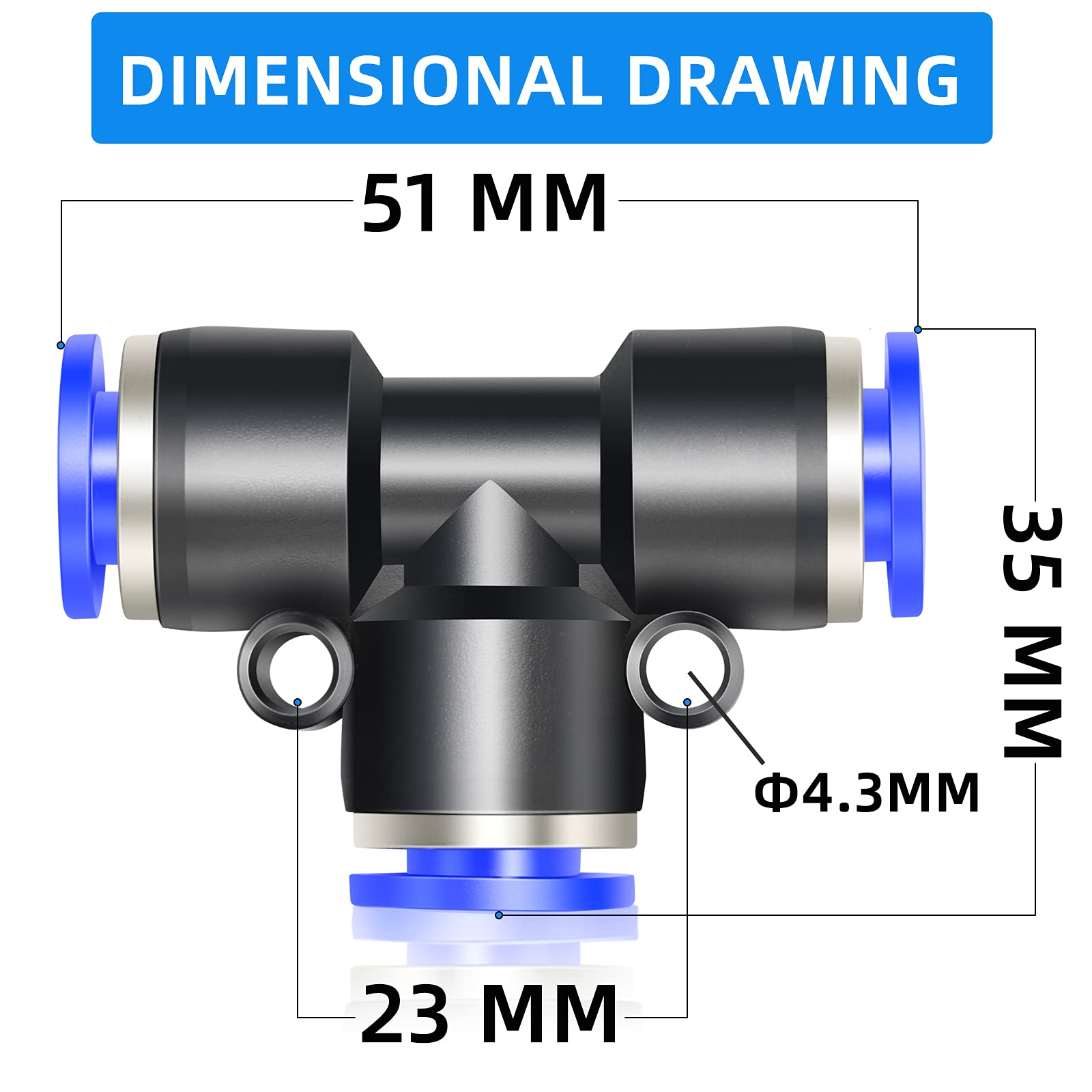 10 piezas azul de 10 mm de diámetro exterior en T de 3 vías empujar para conectar neumáticos accesorios (PE-10) — view 2