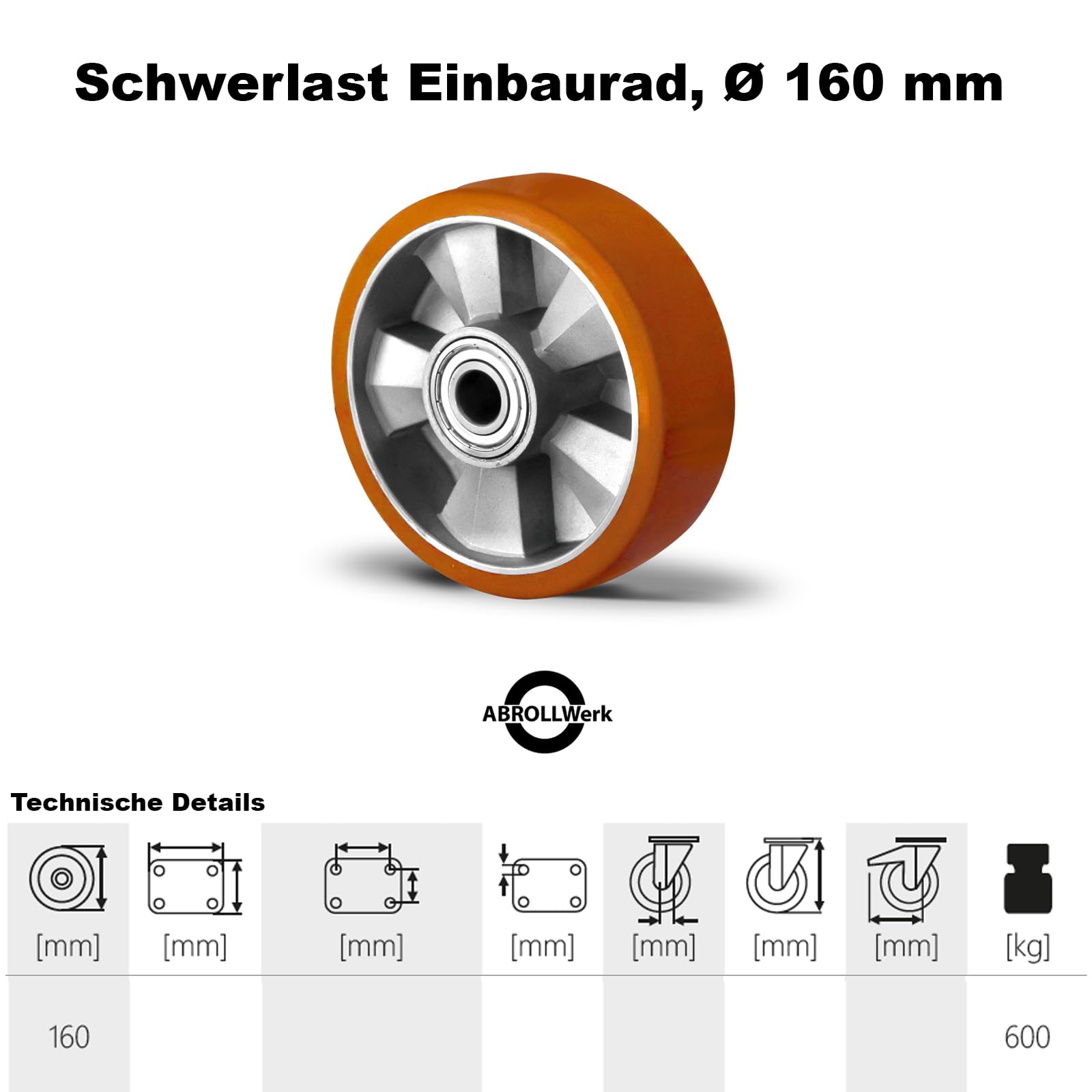 Roue intégrée fortes charges, jante aluminium, polyuréthane, diamètre 160 mm, double roulement à billes, charge dynamique 600 kg (roue intégrée)