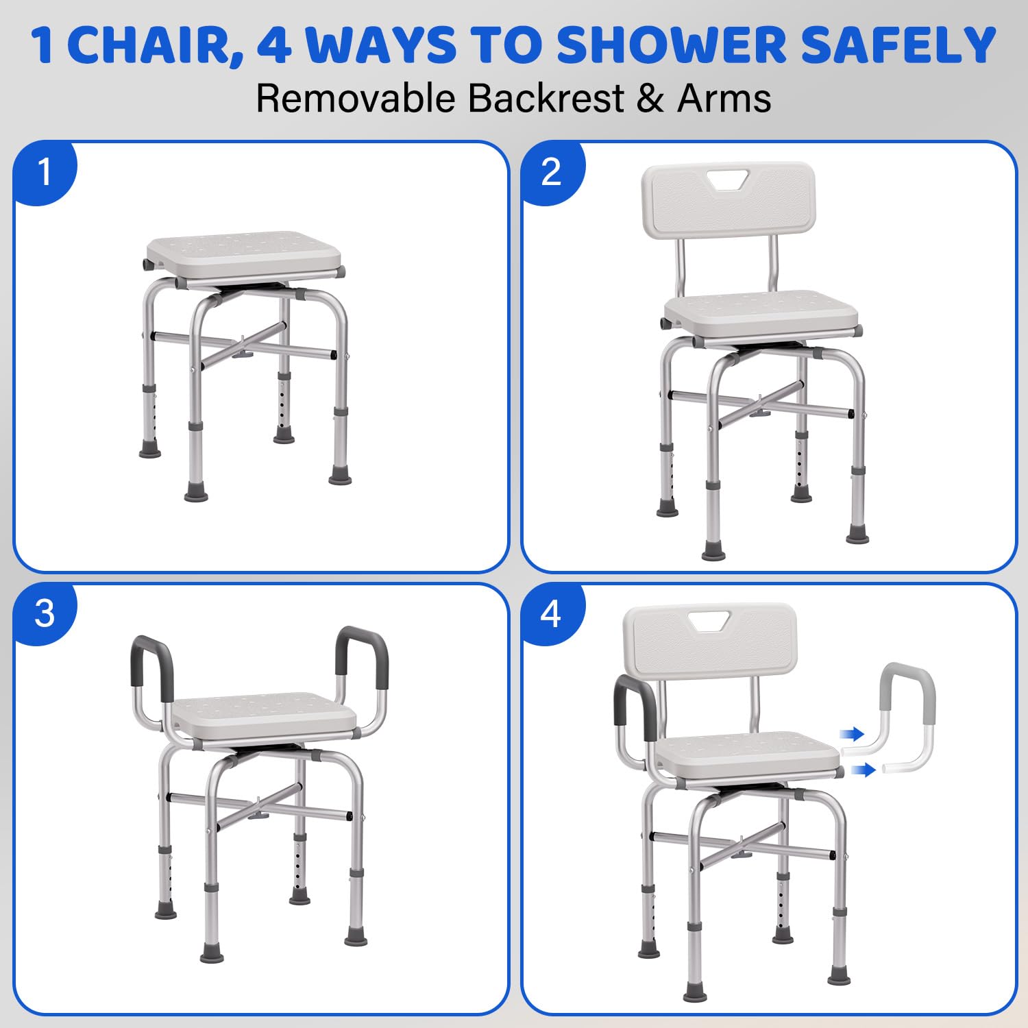 Silla de ducha giratoria de 360° para ducha interior, silla de ducha giratoria de 500 libras con brazos y respaldo, silla de ducha de altura ajustable para ancianos y discapacitados con taburete de | Silla de ducha con brazos y respaldo, altura ajustable,