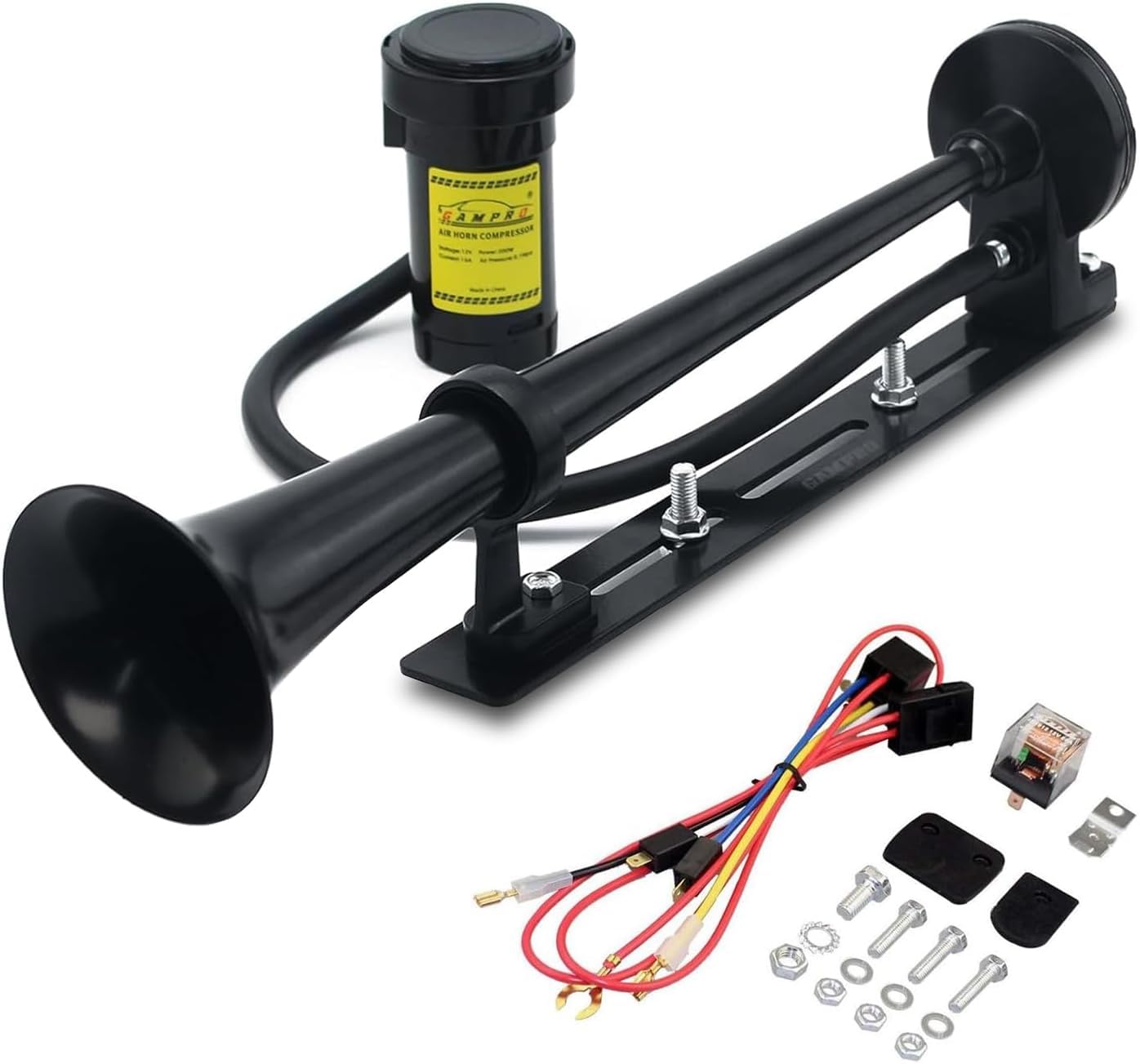 GAMPRO 12V 150DB Car Air Horns with install Mounting Plate, 18 Inches Chrome Zinc Single Trumpet Truck Super Loud Air Horn with Compressor kit for Any 12V Trucks Lorrys Trains Boats Cars