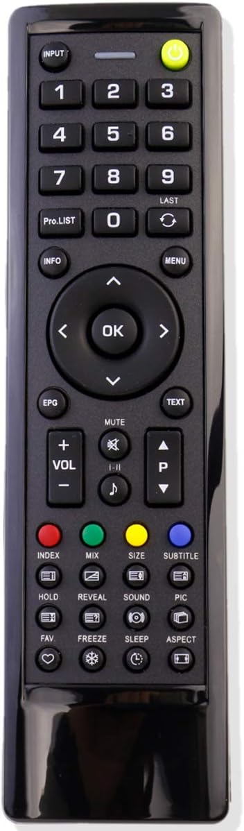 Front view of the remote control showing all buttons and their labels.