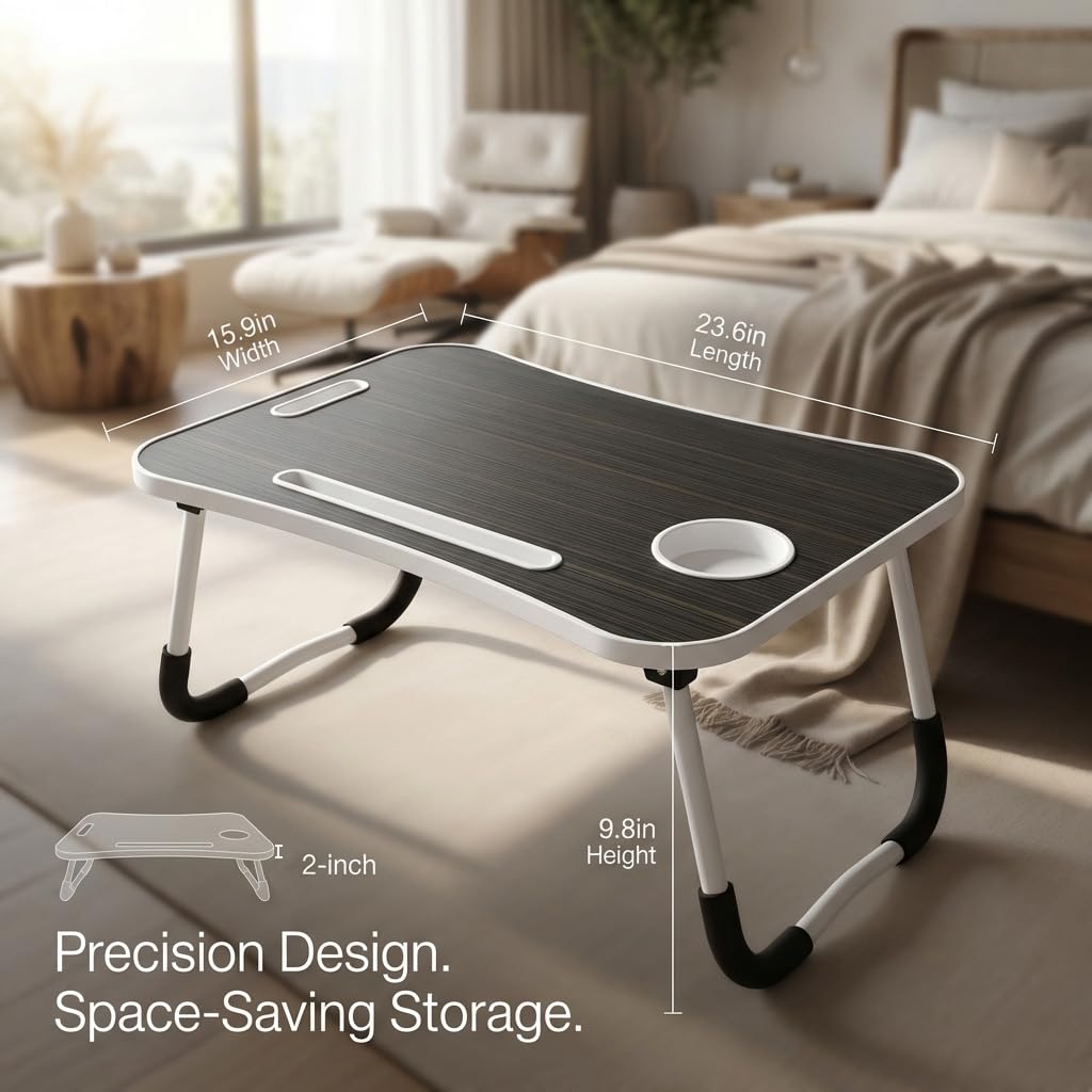 BUYIFY Folding Lap Desk 23 Inch Portable Wood Black Laptop Bed Desk Lap Desk with Cup Holder for — view 2