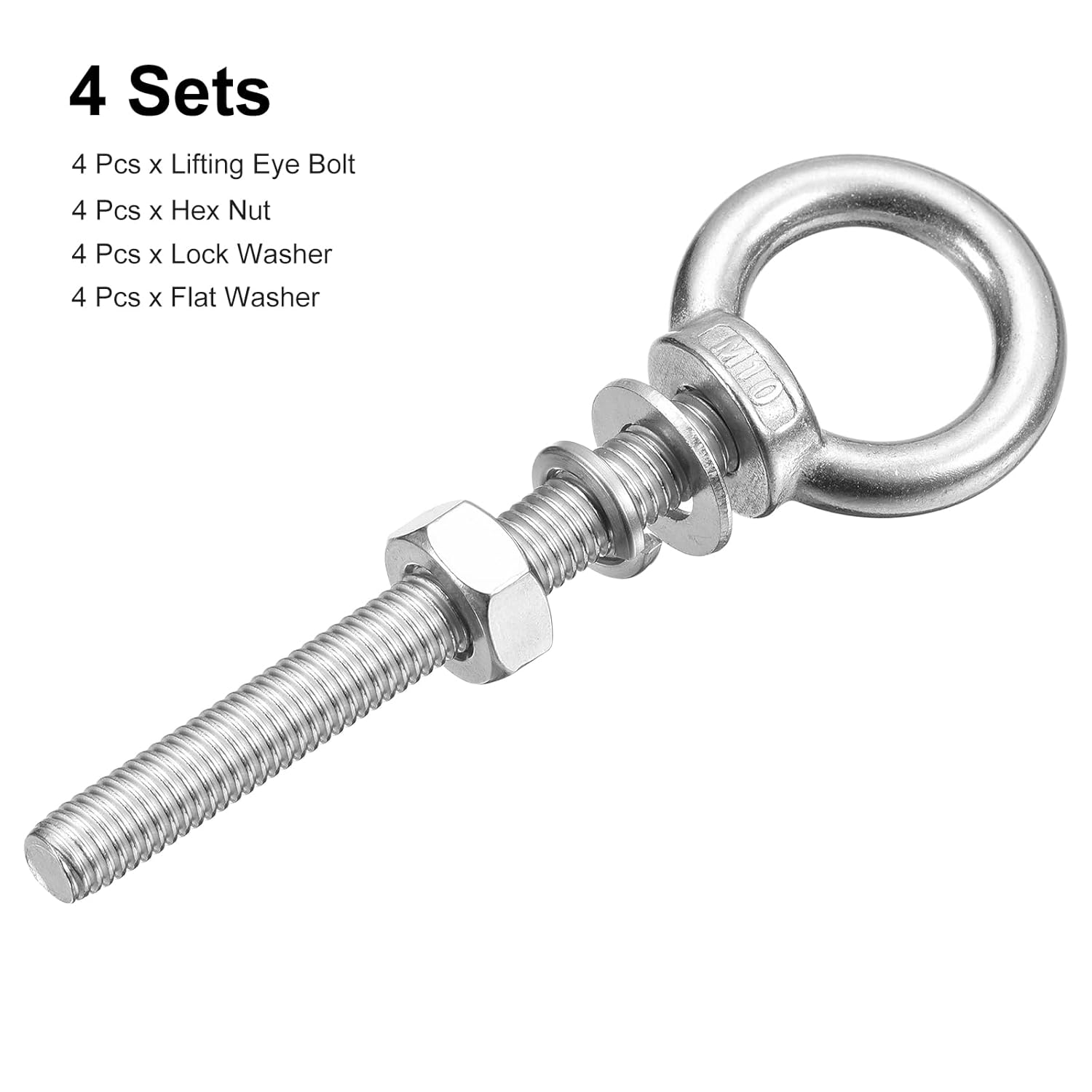 uxcell Lifting Eye Bolt, 4 Sets M10 x 80mm Eye Bolt with Nut Washer 304 Stainless Steel Shoulder Lifting Ring Eye Bolt for Hanging Item