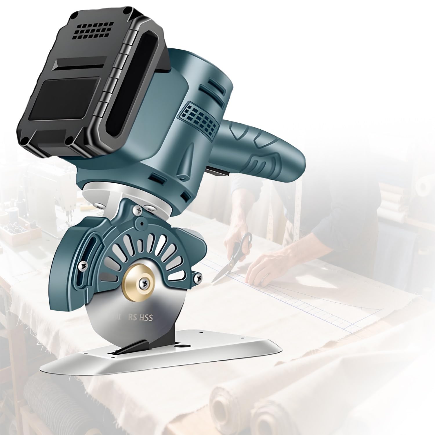 Cortadora Rotativa Eléctrica con Afilado Automático,Batería 21v Larga Duración (2-3h),para Cortes Precisos Y Limpios En Telas Gruesas,Cuero Y Materiales Técnicos 126-2 * 2000mAh