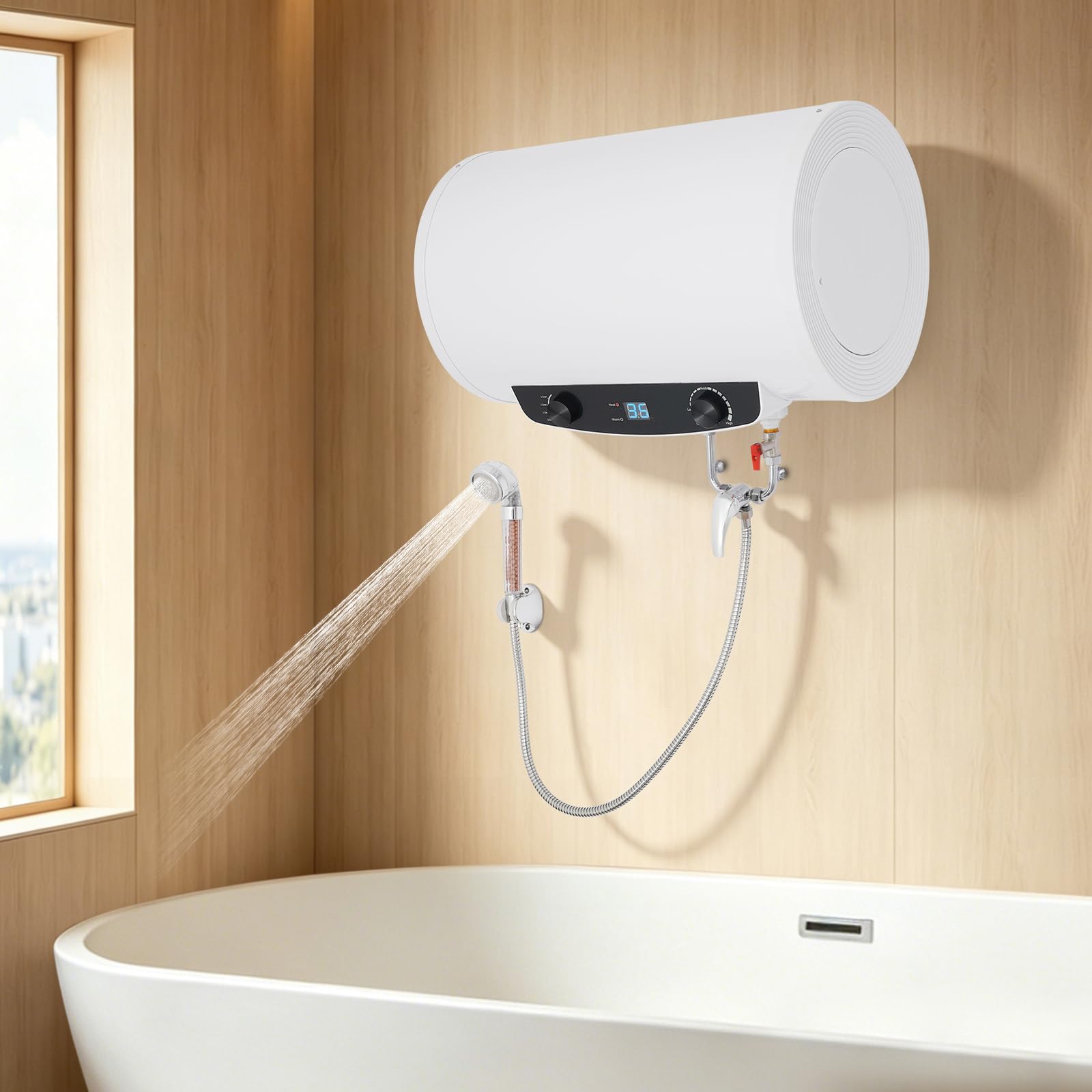 Scaldabagno da 50 l, montaggio a parete, 2000 W, 3 livelli, con set doccia IPX4 | Scaldabagno elettrico 35-75 °C, 3 livelli di calore, IPX4, silenzioso, 30 dB, ideale per bagno, cucina, parrucchiere