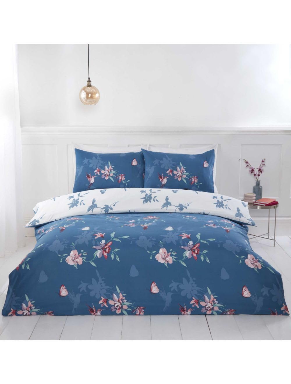 Duvet Cover Bedding Set with pillowcases, in Single, Double, King sizes, Reversible (Single, Hummingbird Blue)
