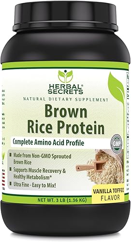 Herbal Secrets Brown Rice Protein Powder 3 Lbs  Vanilla Toffee Flavor  12 Grams Protein per Serving  76 Servings  Vegan  Made in USA