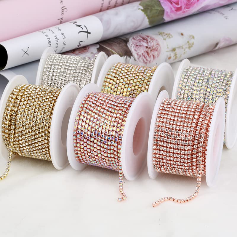 SS6-SS18 (2 mm-4,5 mm) srebrno-złota podstawa, przezroczysty, kryształ, gęsty łańcuszek z kryształem górskim, odzież, szkło stras, łańcuszek, kryształ, różowe złoto, SS16 (4 mm), rolka 10 jardów