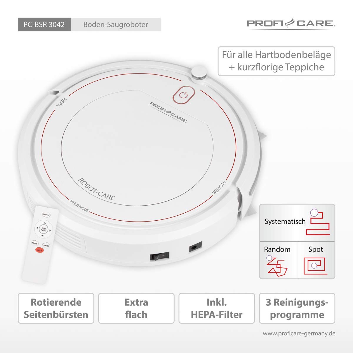 ProfiCare ® Boden-Saugroboter reinigt selbstständig alle Räume, Staubsauger Roboter inkl. Fernbedienung, Vacuum Cleaner mit HEPA-Filter und 3 Reinigungsprogrammen, mit Treppenerkennung - PC-BSR 3042