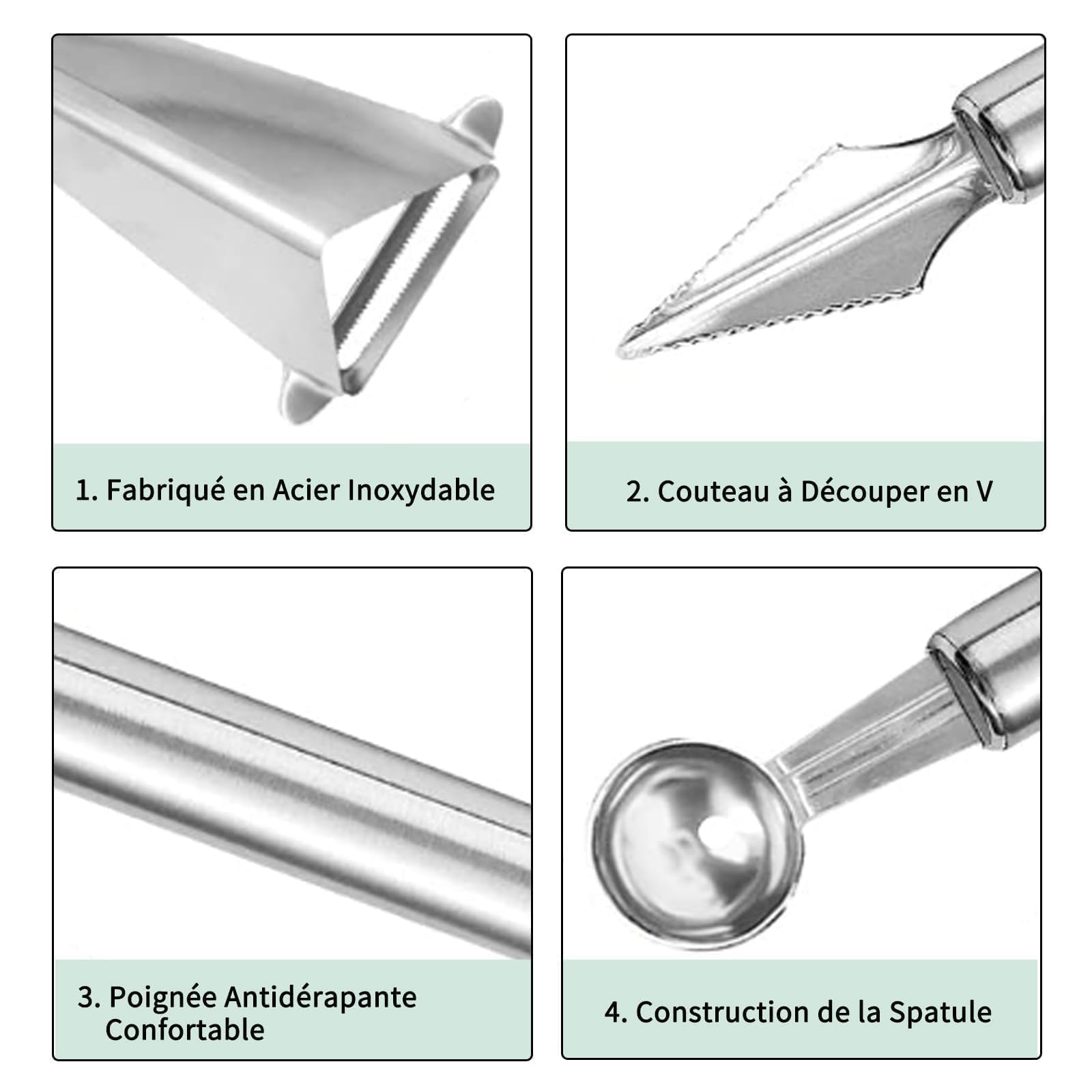 3 Pièces Outils À Fruits Pousse-Pomme Cuillère À Boule De Melon Couteau De Sculpture En Acier Inoxydable Pour Creuser Et Sculpter Des Fruits, Cuisine Maison