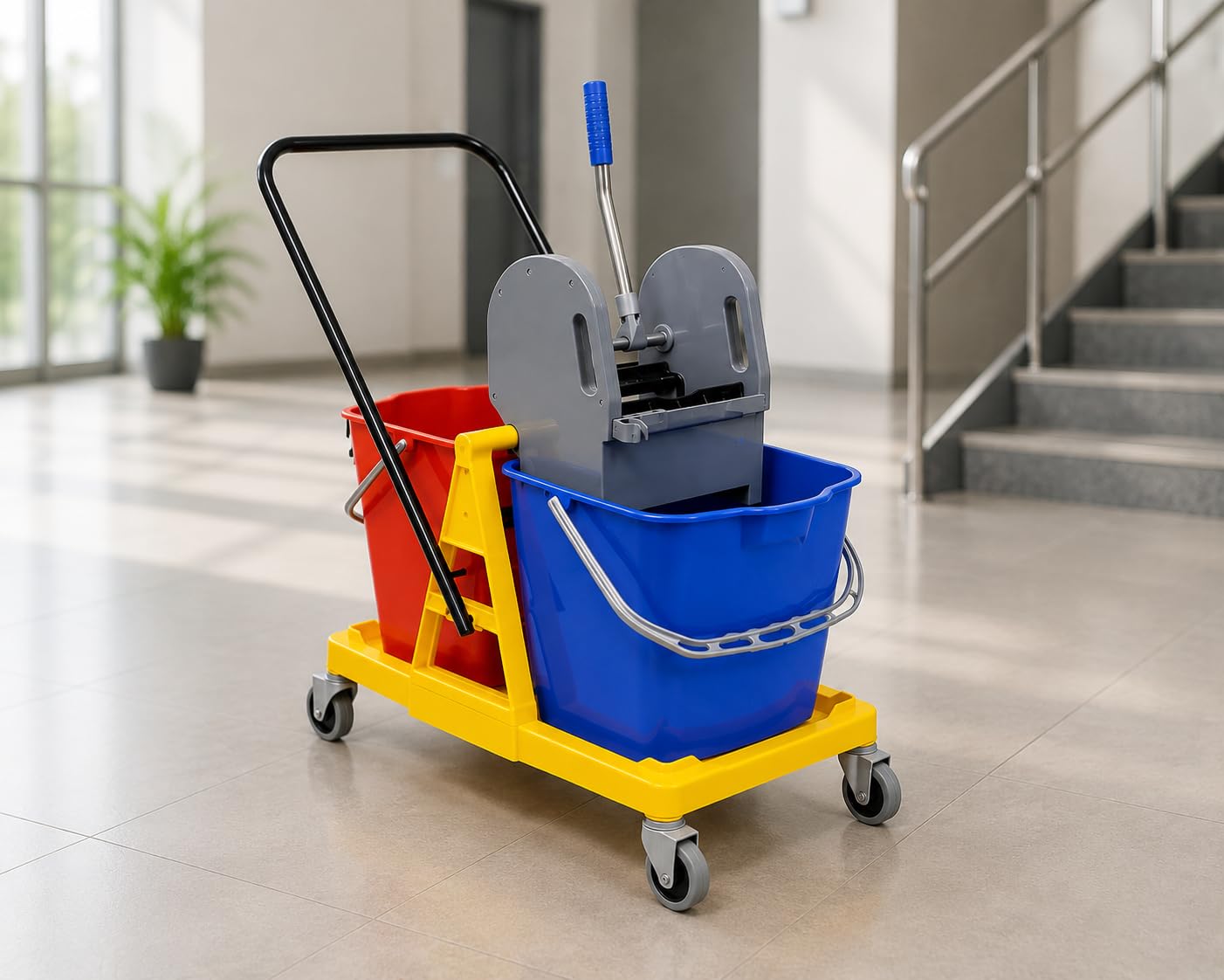 Cubo de Limpieza Doble Morg con Prensa y Ruedas 46L (2x23L), Carro de Limpieza Profesional con Manillar, Cubos Separados y Estructura en Polipropileno Amarillo