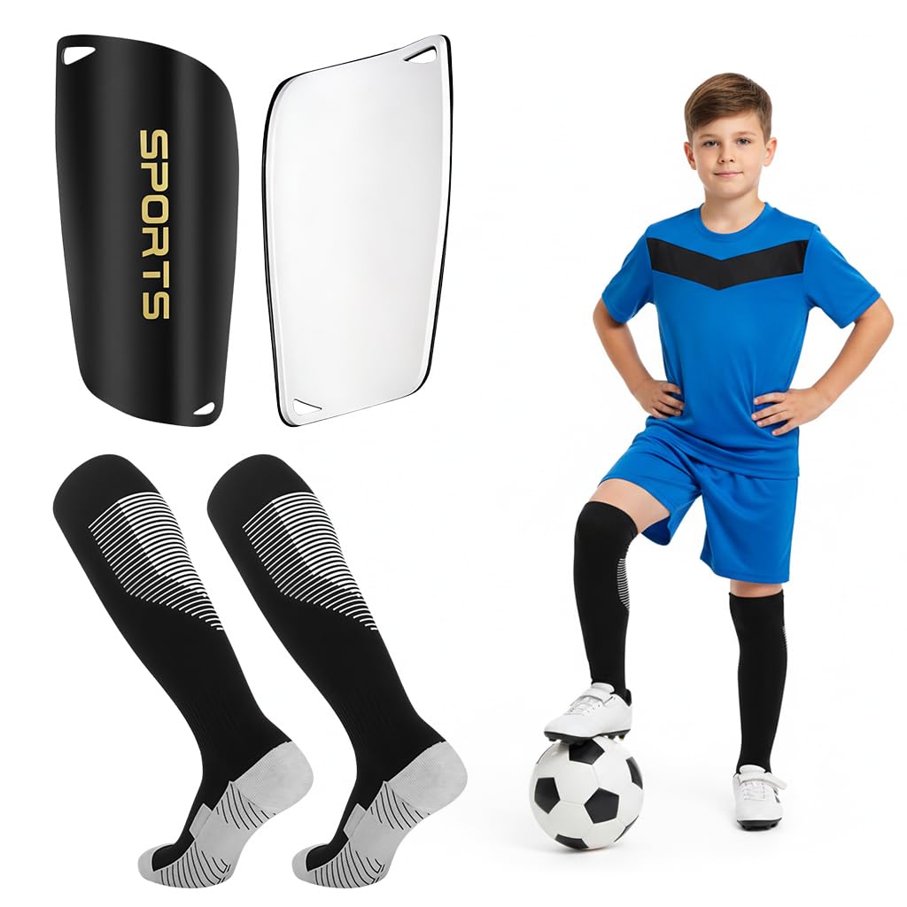 Proberos® Football Shin Guards & Sock Set for Kids, 13.5 Inches Knee High Compression Sport Socks Girls 10-15 Years Old Sweat Absorption Elastic Long Soccer, Football, Black-Black-M