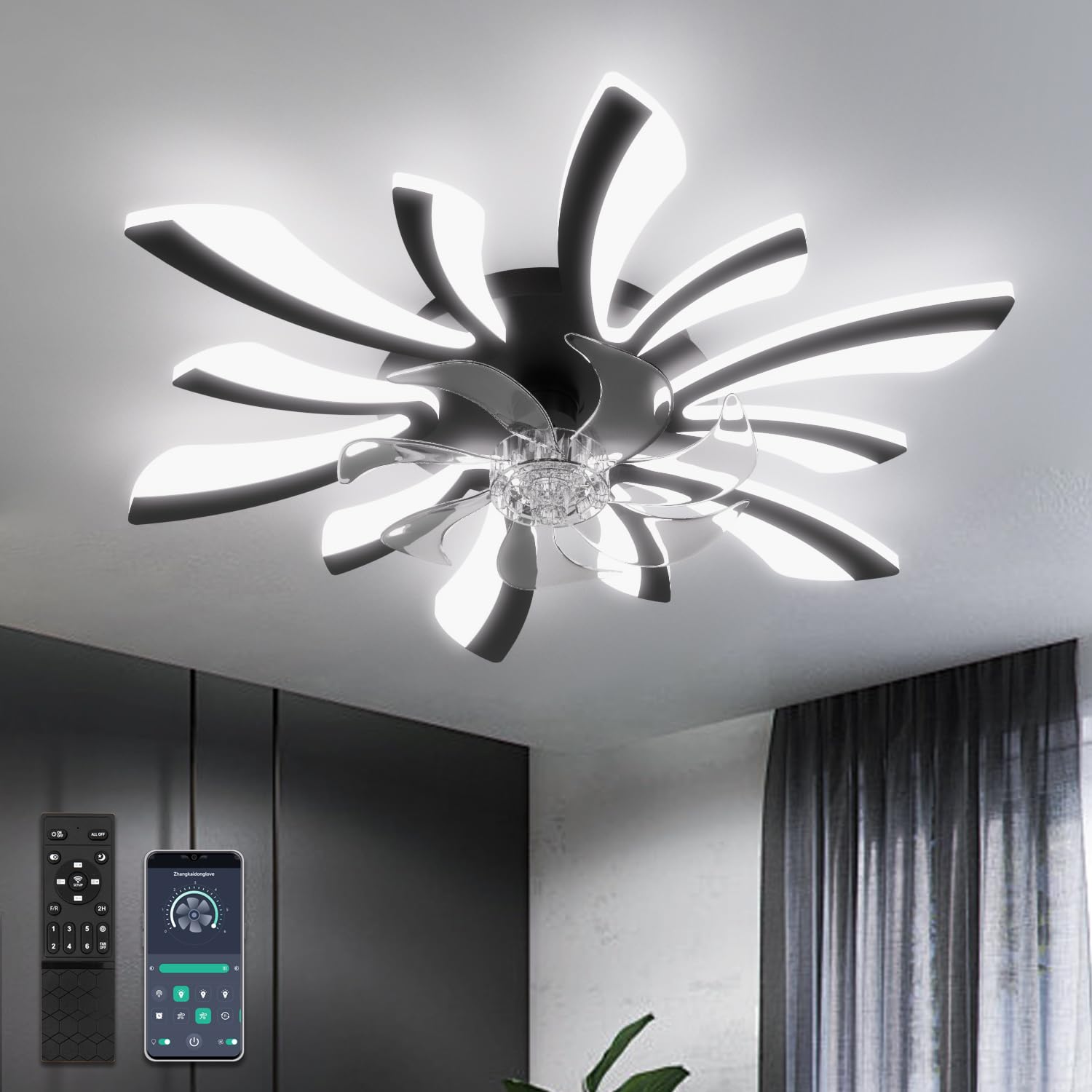 30.7" Ceiling Fans with Lights and Remote Large Ceiling Light Fan Chandelier Dimmable 6 Speed DC Summer/Winter Ceiling Fans with Lamps Modern Ceiling Lighting for Bedroom Living Room Lounge