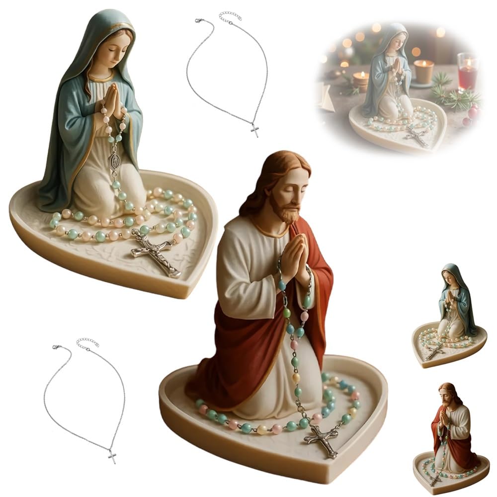 Virgin Mary Jesus Rosary Holder, Sacred Catholic Sculpture Religious Blessed Statue, Elegant Our Lady Prayer Resin Jewelry Box for Necklace Rings, Gift for Women Home Office Desktop Decor(2pcs)